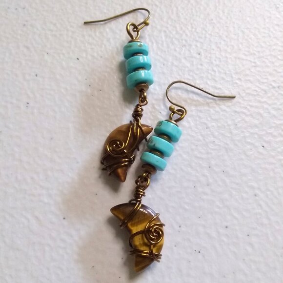 Wire Wrapped Tigereye Moon + Turquoise Howlite ~ One-of-a-kind Dangle Earrings - Picture 5 of 13